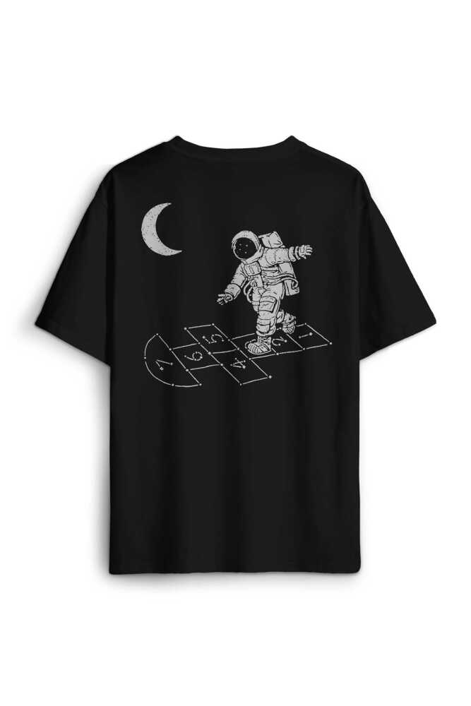 Uzayda Seksek Oyun Astronot Cosmos Sırt Ön Baskılı Oversize Tişört Unisex