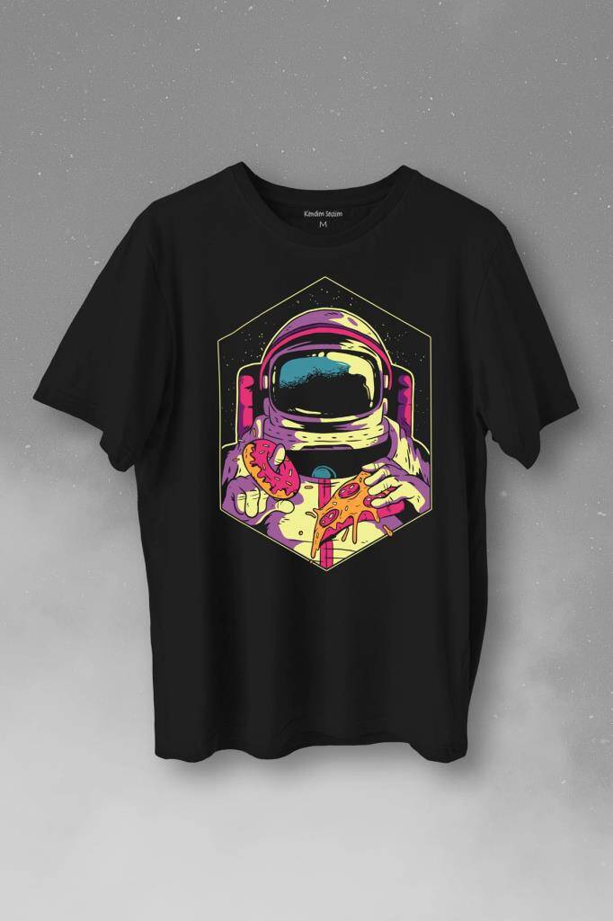 Uzayda Yemek Donut Pizza Yiyen Astronot Cosmos Baskılı Siyah Tişört Unisex