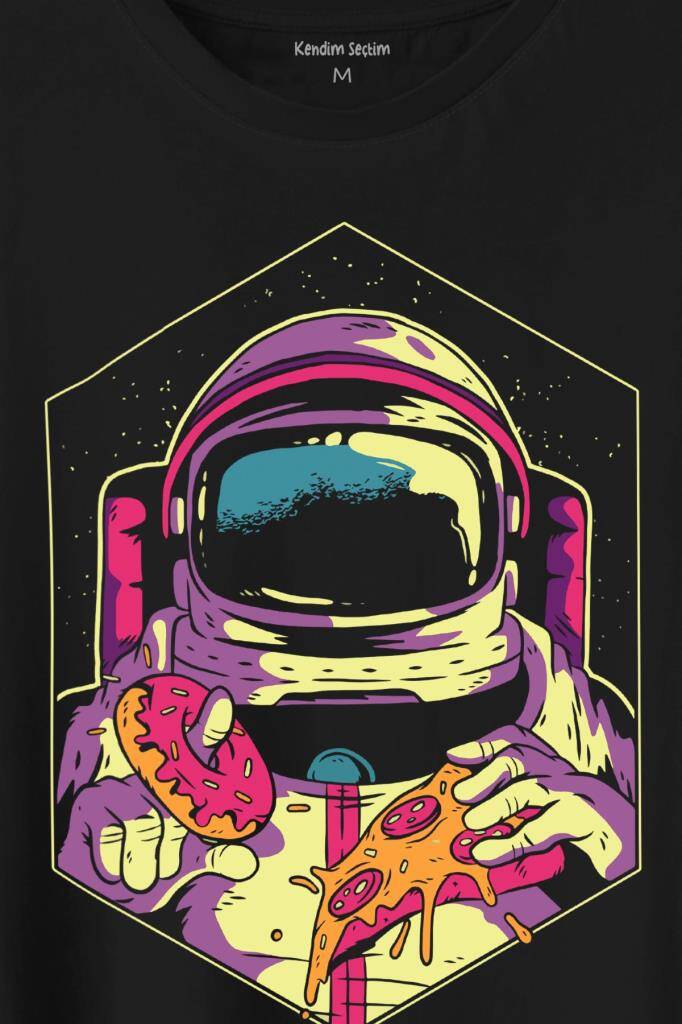 Uzayda Yemek Donut Pizza Yiyen Astronot Cosmos Baskılı Siyah Tişört Unisex (1)