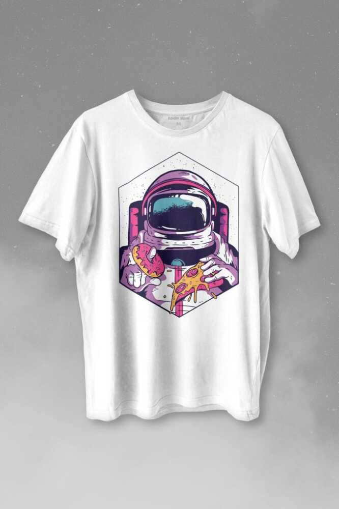 Uzayda Yemek Donut Pizza Yiyen Astronot Cosmos Baskılı Beyaz Tişört Unisex