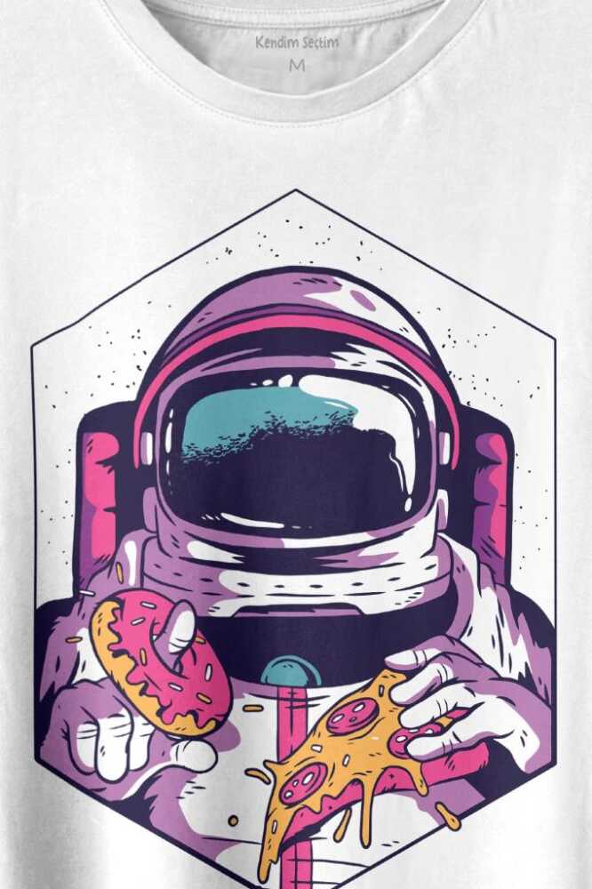 Uzayda Yemek Donut Pizza Yiyen Astronot Cosmos Baskılı Beyaz Tişört Unisex (1)