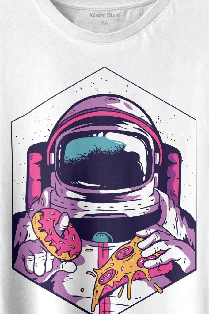Uzayda Yemek Donut Pizza Yiyen Astronot Cosmos Baskılı Beyaz Tişört Unisex (1)