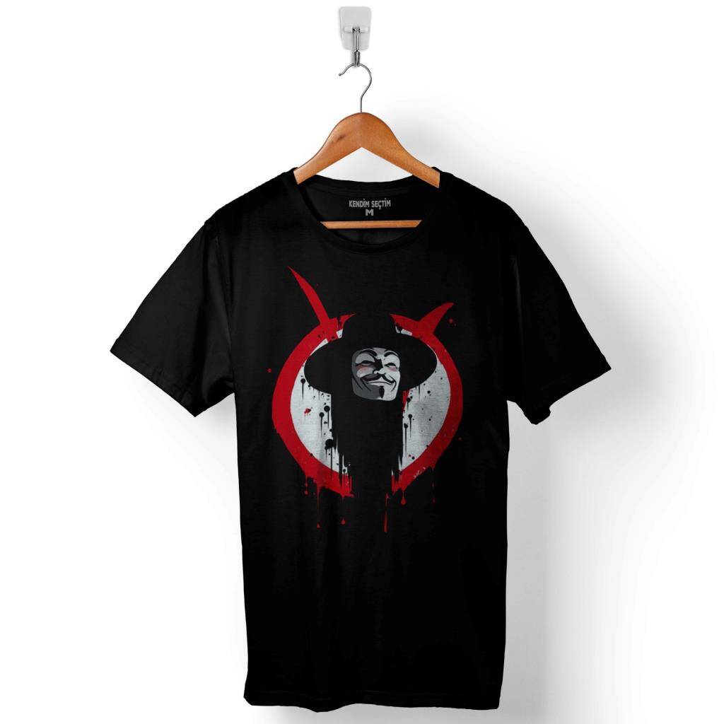 V For Vendetta Kırmızı V Siluet Logo Baskılı Tişört Unisex