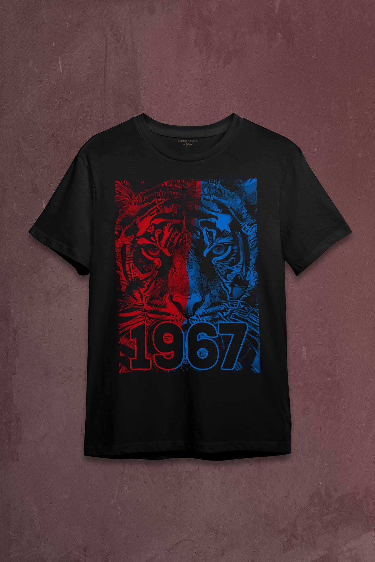 Vahşi Kaplan Kafası Bordo Mavi Trabzon Tiger Baskılı Tişört Unisex