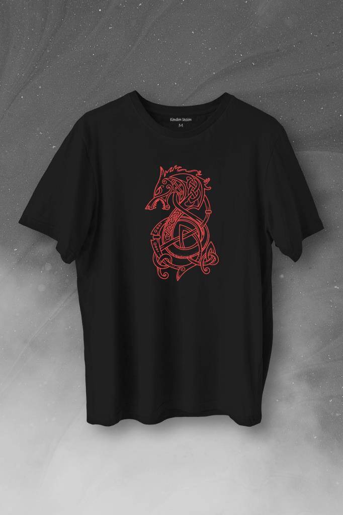 Viking Fenrir Wolf Vikings Kurt Kafa Street Urban Baskılı Siyah Tişört Unisex