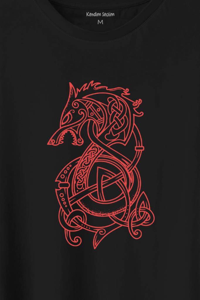 Viking Fenrir Wolf Vikings Kurt Kafa Street Urban Baskılı Siyah Tişört Unisex (1)