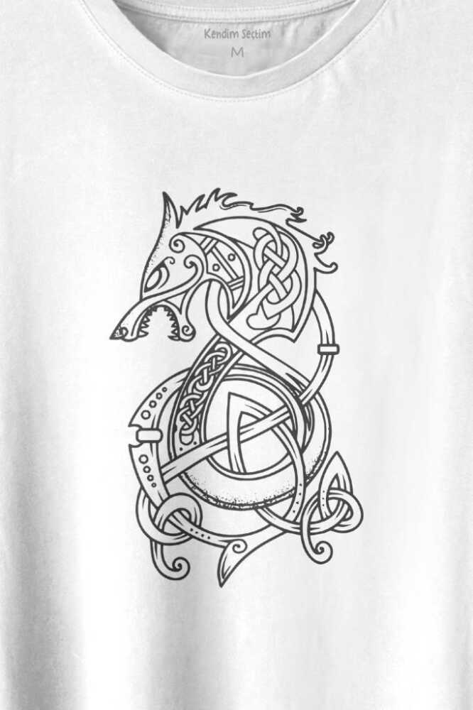 Viking Fenrir Wolf Vikings Kurt Kafa Street Urban Baskılı Beyaz Tişört Unisex (1)