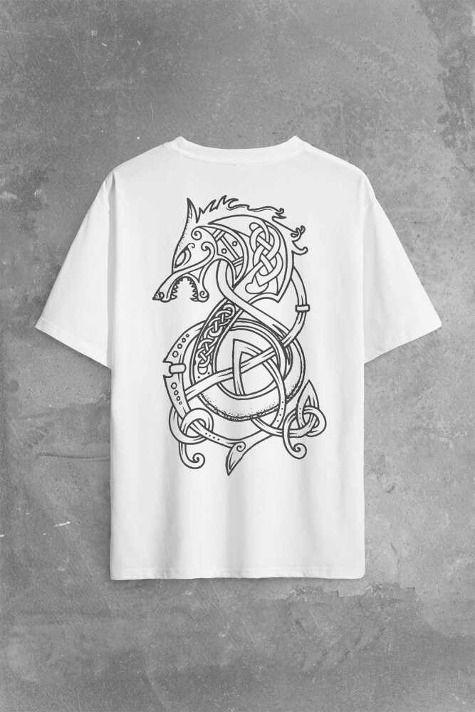 Viking Fenrir Wolf Vikings Kurt Kafa Street Urban Sırt Ön Baskılı Beyaz Oversize Tişört Unisex