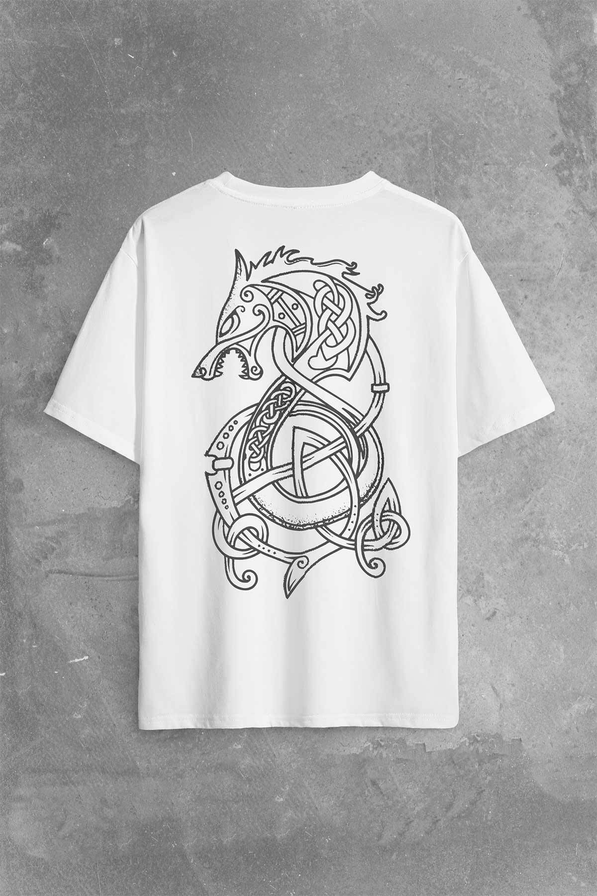 Viking Fenrir Wolf Vikings Kurt Kafa Street Urban Sırt Ön Baskılı Beyaz Oversize Tişört Unisex