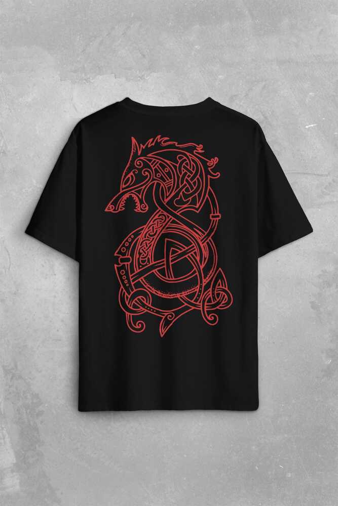 Viking Fenrir Wolf Vikings Kurt Kafa Street Urban Sırt Ön Baskılı Siyah Oversize Tişört Unisex