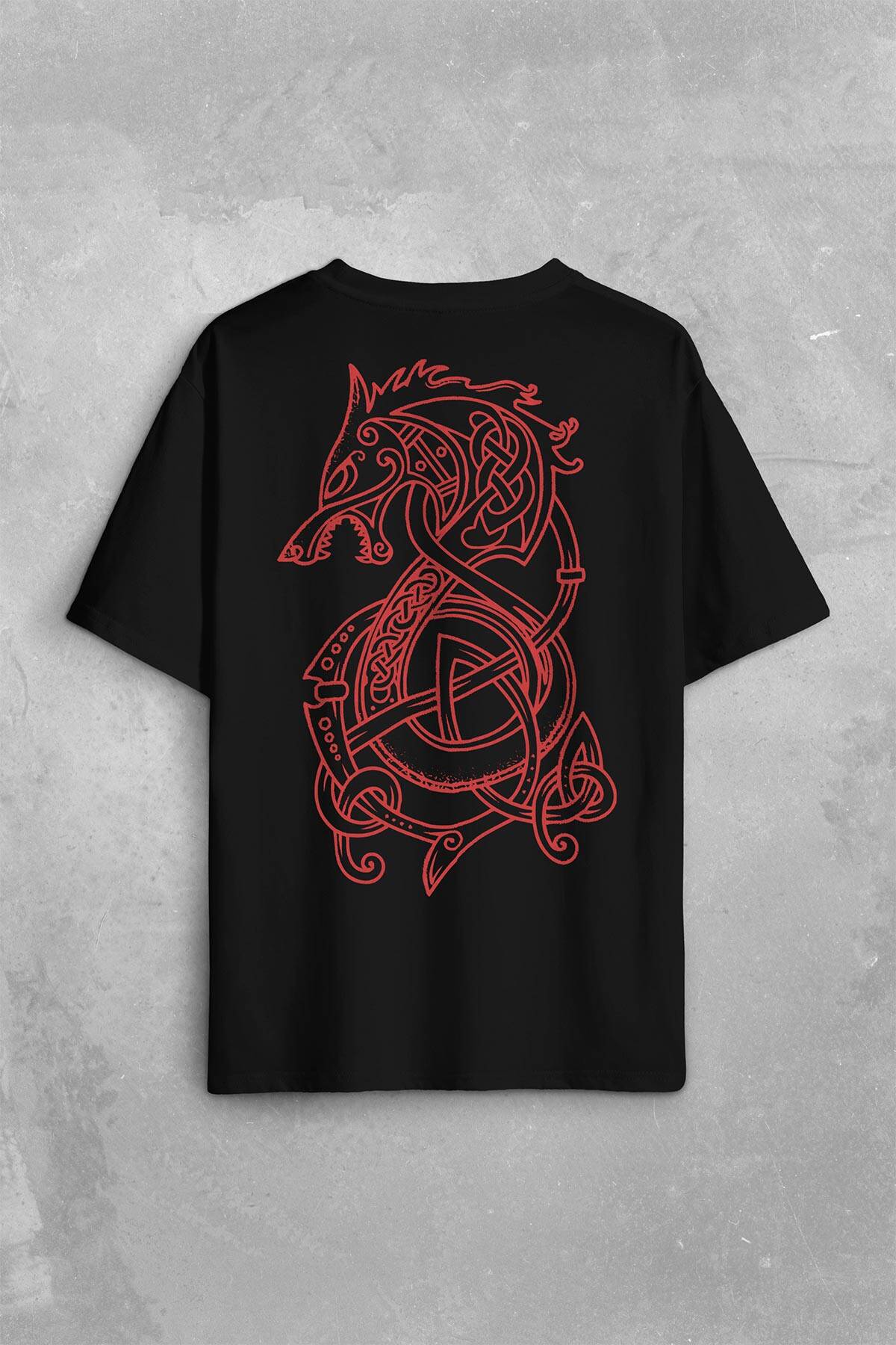 Viking Fenrir Wolf Vikings Kurt Kafa Street Urban Sırt Ön Baskılı Siyah Oversize Tişört Unisex