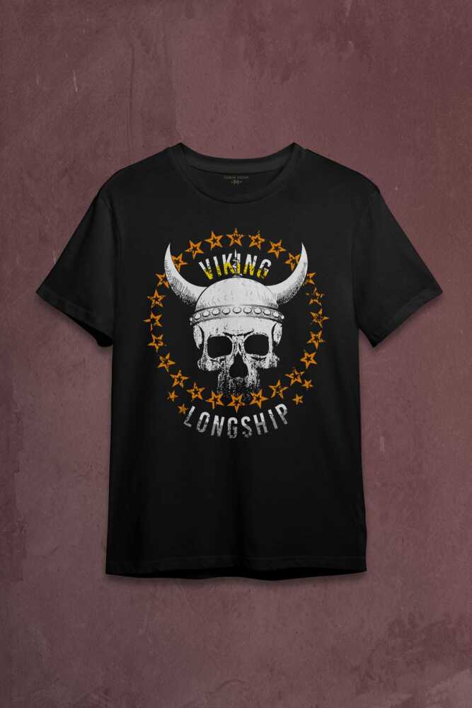 Viking Skull With Circle Of Stars Longship Kuru Kafa Baskılı Tişört Unisex