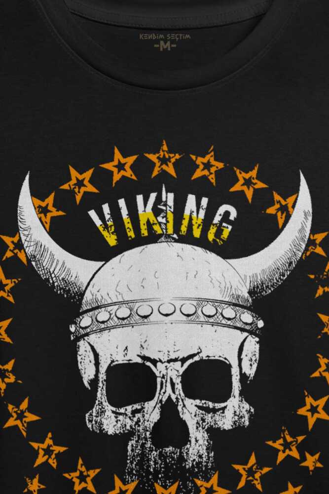 Viking Skull With Circle Of Stars Longship Kuru Kafa Baskılı Tişört Unisex (1)