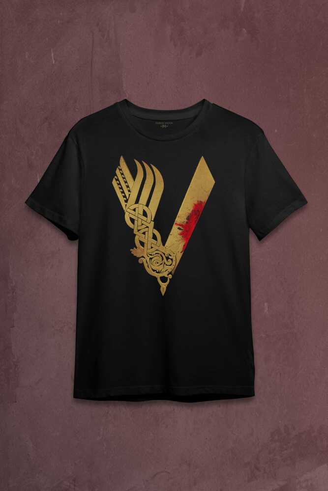 Vikingler Logo Vikings Altın Sarısı Baskılı Tişört Unisex