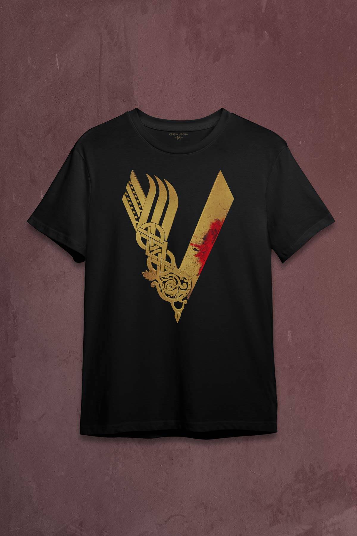 Vikingler Logo Vikings Altın Sarısı Baskılı Tişört Unisex - 1