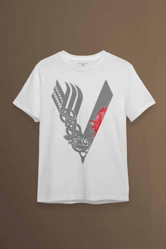 Vikingler Logo Vikings Gri Baskılı Beyaz Tişört Unisex