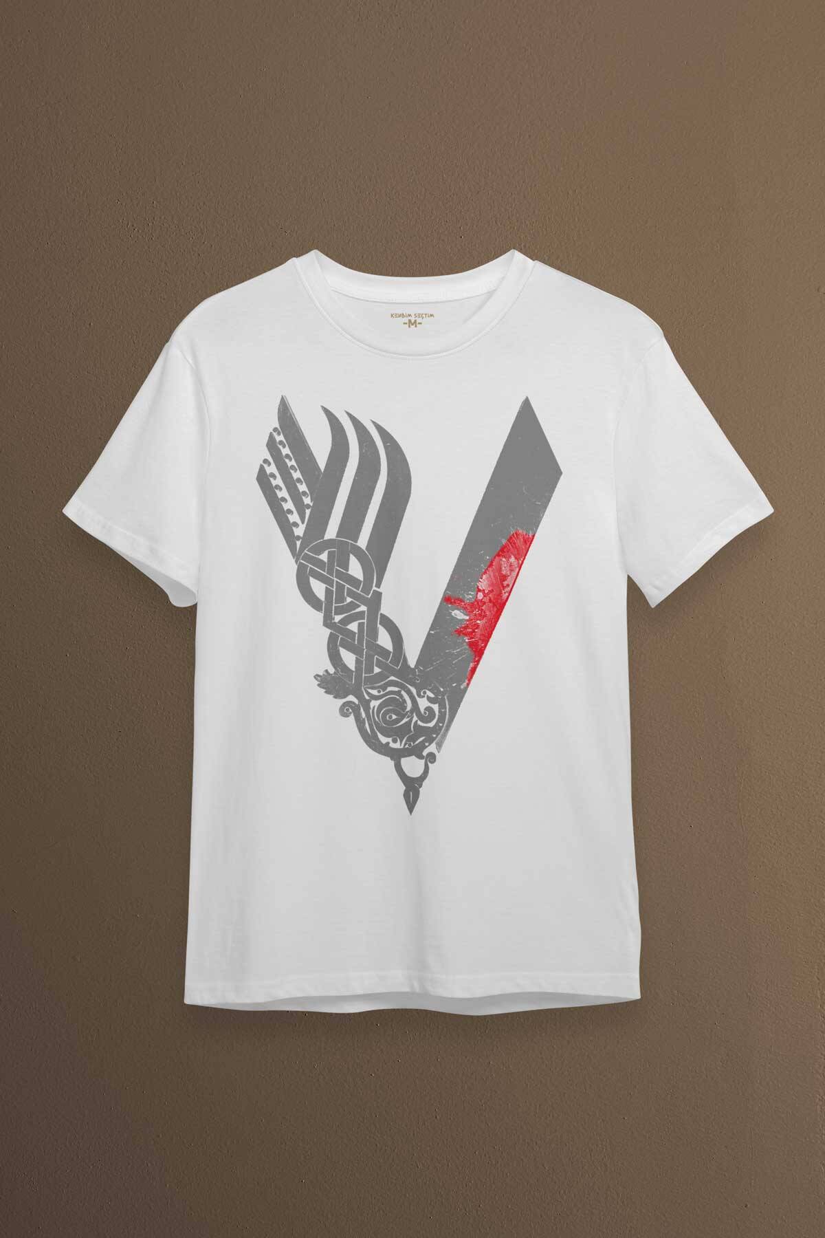 Vikingler Logo Vikings Gri Baskılı Beyaz Tişört Unisex