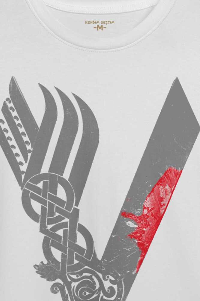 Vikingler Logo Vikings Gri Baskılı Beyaz Tişört Unisex (1)