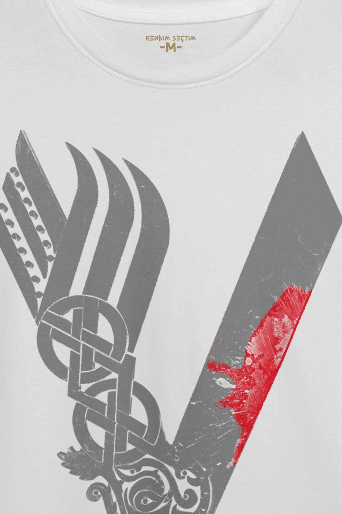 Vikingler Logo Vikings Gri Baskılı Beyaz Tişört Unisex (1)