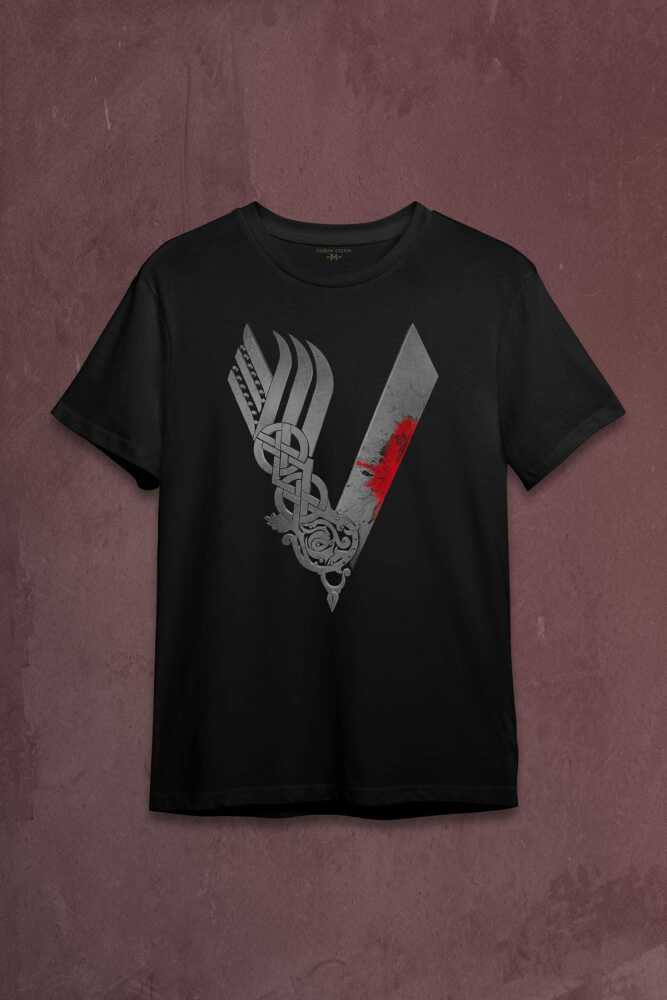 Vikingler Logo Vikings Gri Baskılı Siyah Tişört Unisex