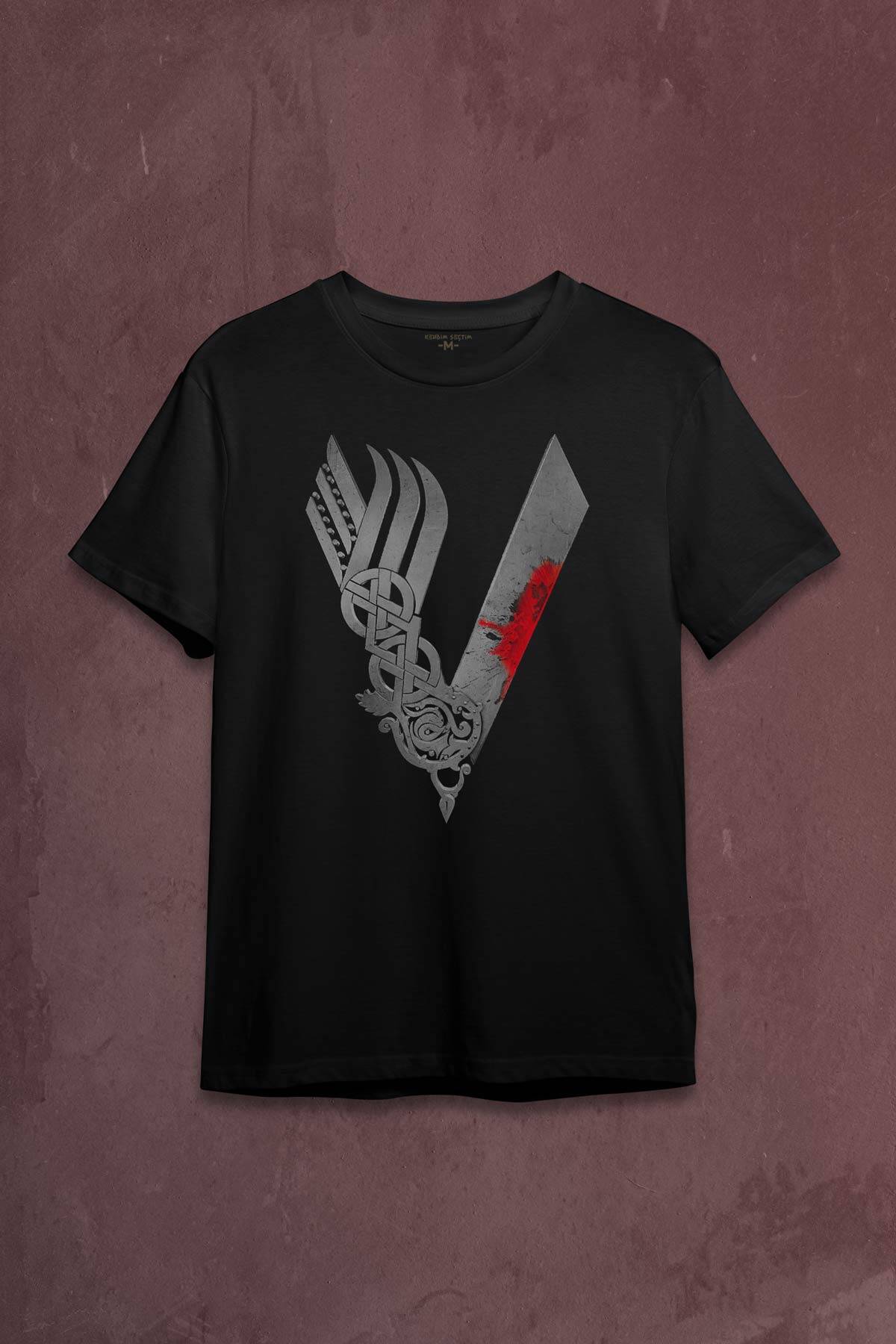 Vikingler Logo Vikings Gri Baskılı Siyah Tişört Unisex - 1