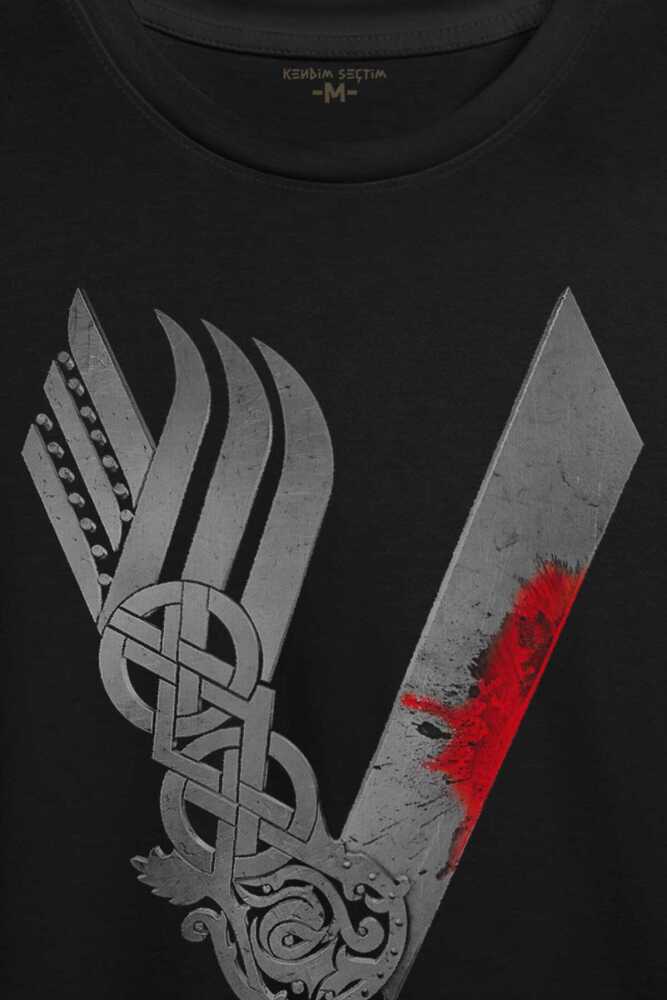 Vikingler Logo Vikings Gri Baskılı Siyah Tişört Unisex (1)