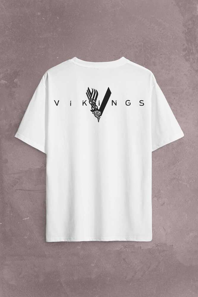 Vikings History Vikingler Logo Sırt Ön Baskılı Beyaz Oversize Tişört Unisex (1)