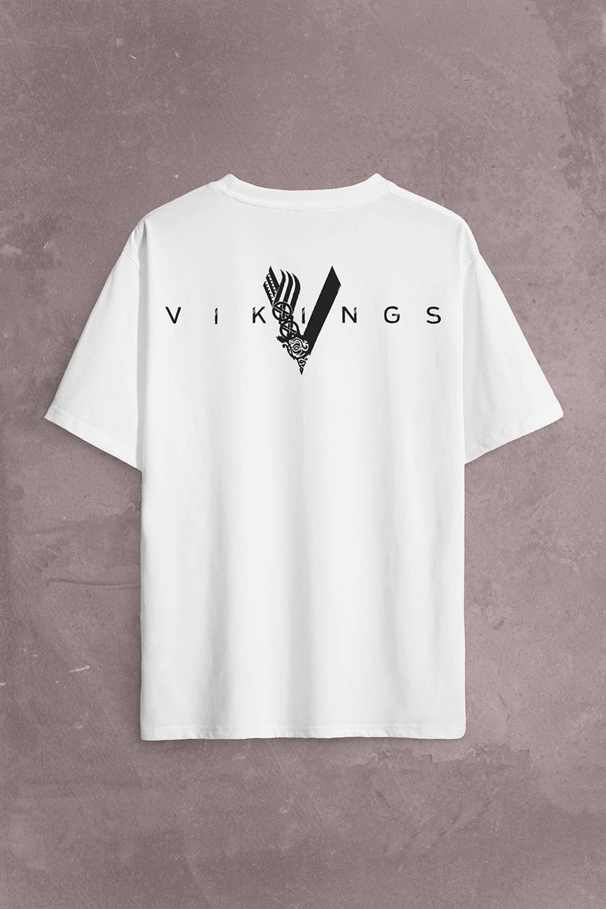 Vikings History Vikingler Logo Sırt Ön Baskılı Beyaz Oversize Tişört Unisex (1)