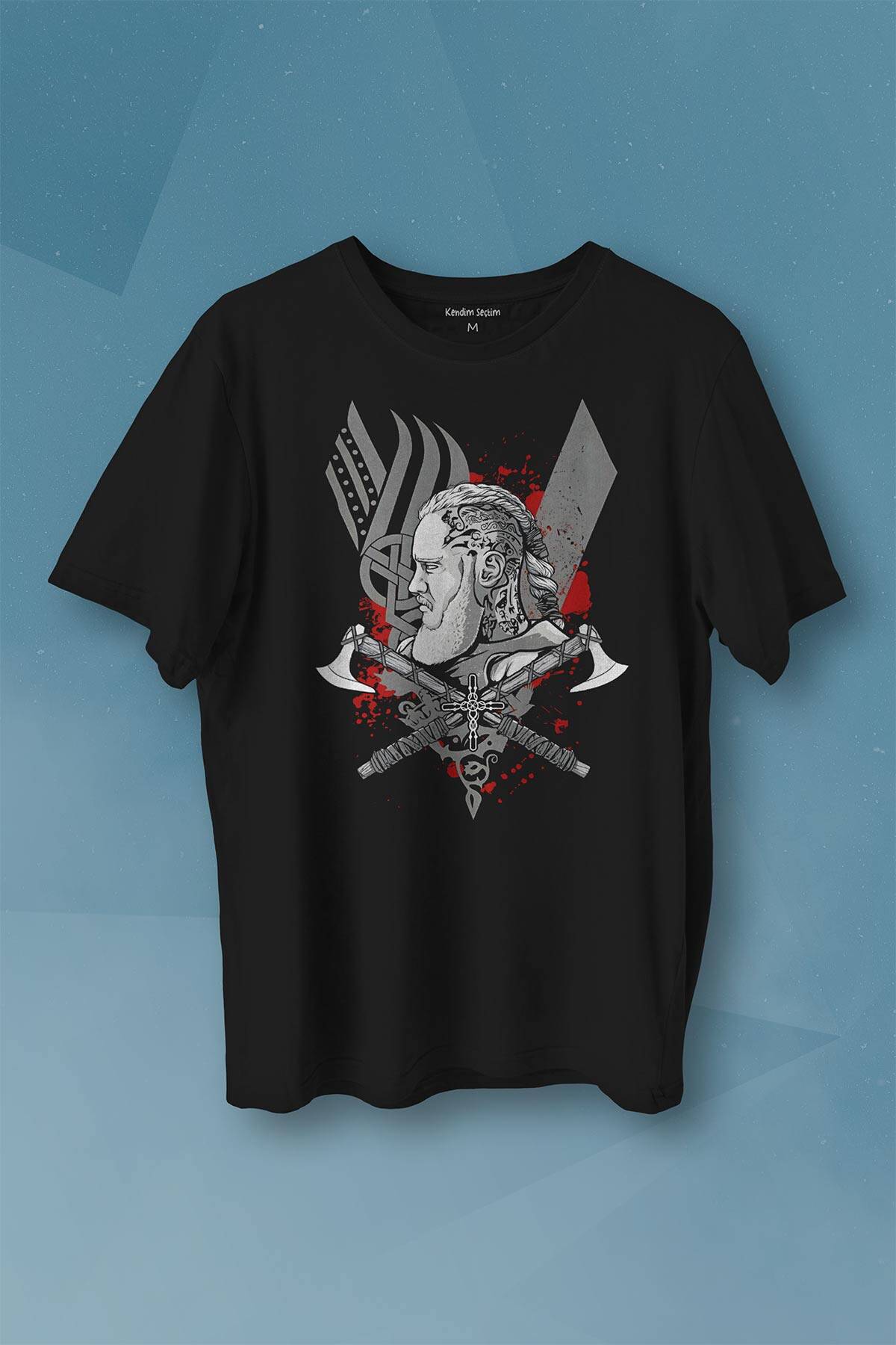 Vikings Ragnar Lothbrok Vikingler Savaşçı Baskılı Siyah Tişört Unisex - 1