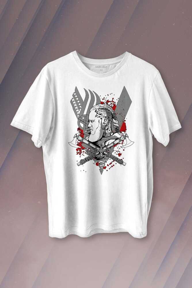 Vikings Ragnar Lothbrok Vikingler Savaşçı Baskılı Beyaz Tişört Unisex