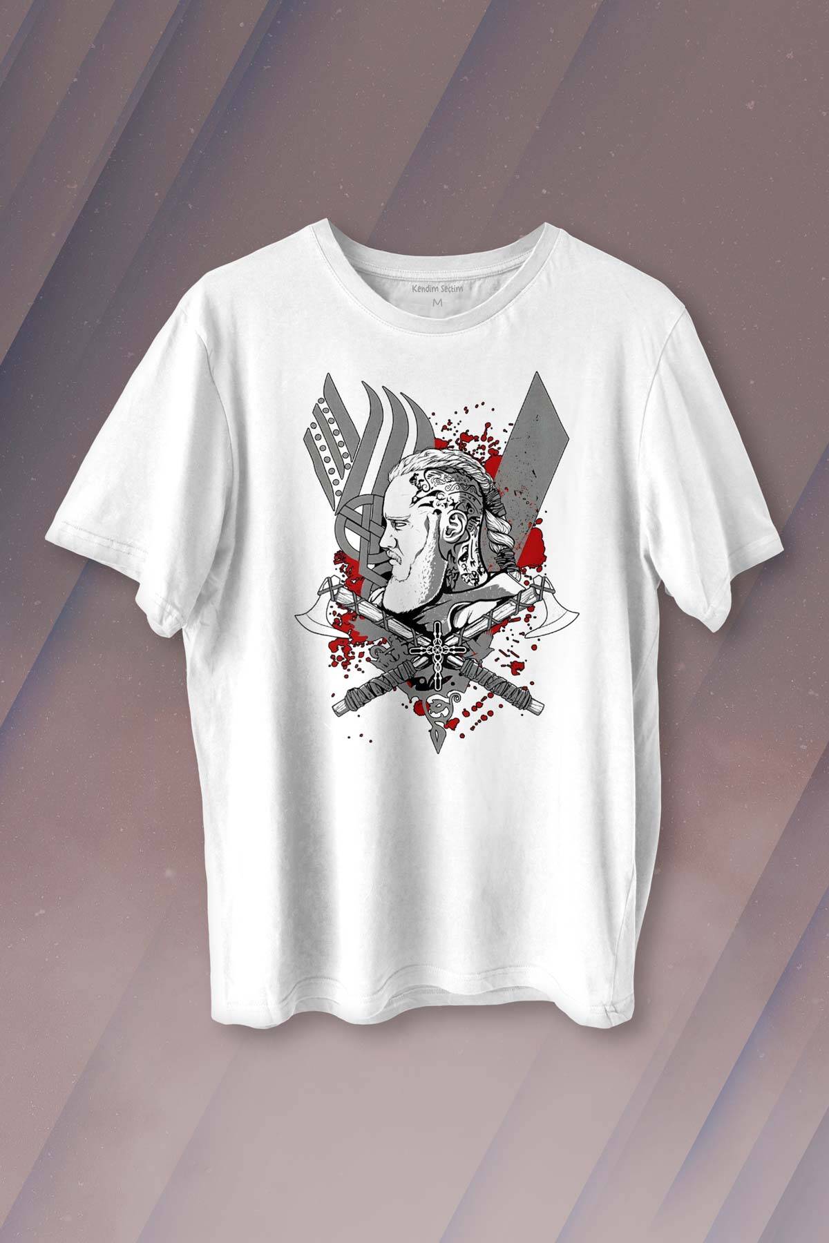 Vikings Ragnar Lothbrok Vikingler Savaşçı Baskılı Beyaz Tişört Unisex