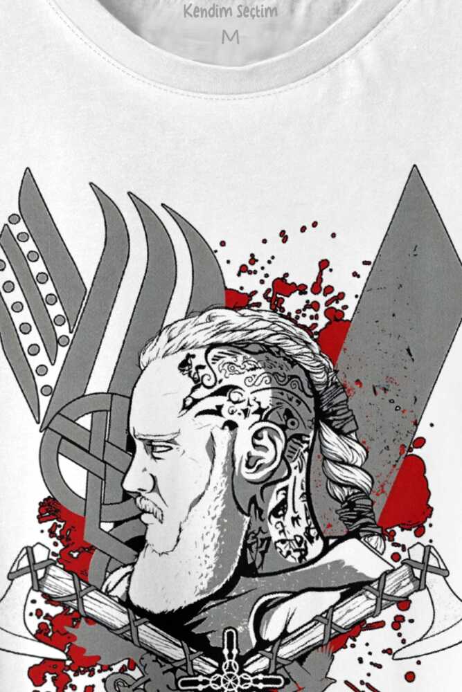Vikings Ragnar Lothbrok Vikingler Savaşçı Baskılı Beyaz Tişört Unisex (1)