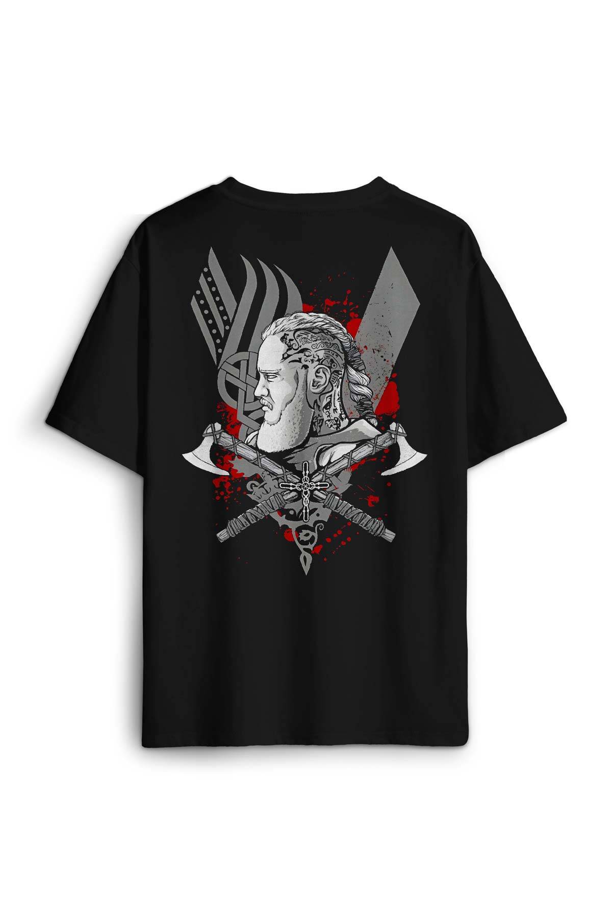 Vikings Ragnar Lothbrok Vikingler Savaşçı Sırt Ön Baskılı Oversize Tişört Unisex - 1