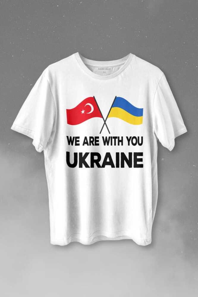 We Are With You Ukraine Ukrayna Türkiye Dostluk Beyaz Baskılı Tişört Unisex