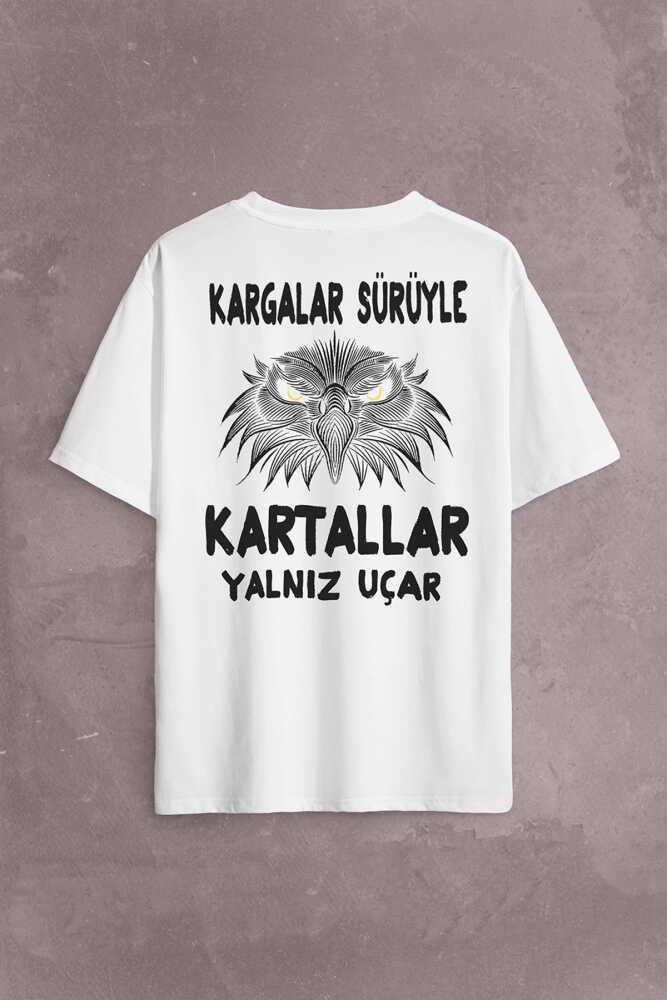 Eagle Kartallar Yalnız Uçar Sırt Ön Baskılı White Oversize Tişört Unisex