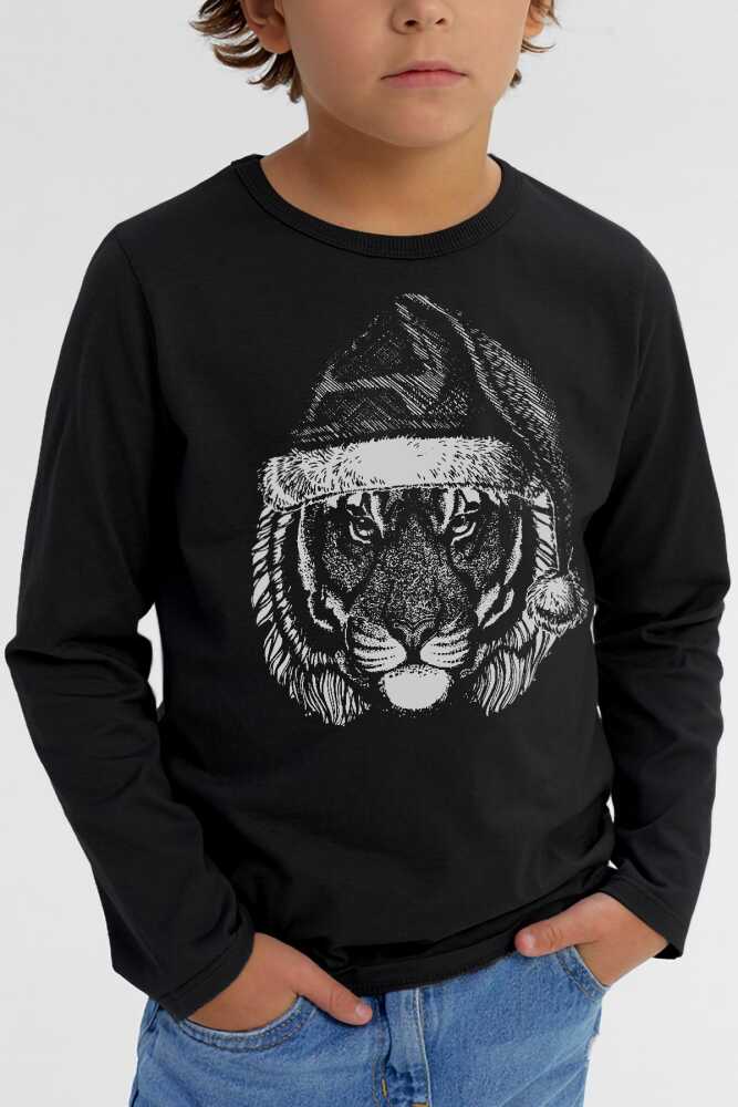 Wild Cat Kaplan Noel Şapkalı Yılbaşı Christmas Siyah Çocuk Uzun Kollu Tişört