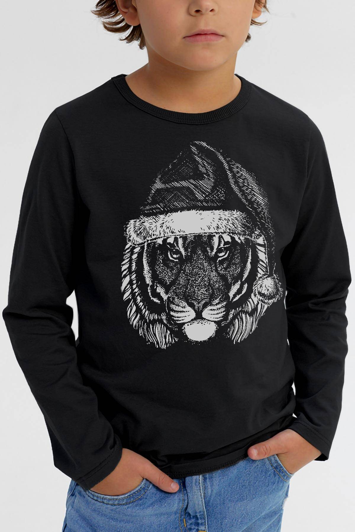 Wild Cat Kaplan Noel Şapkalı Yılbaşı Christmas Siyah Çocuk Uzun Kollu Tişört - 1