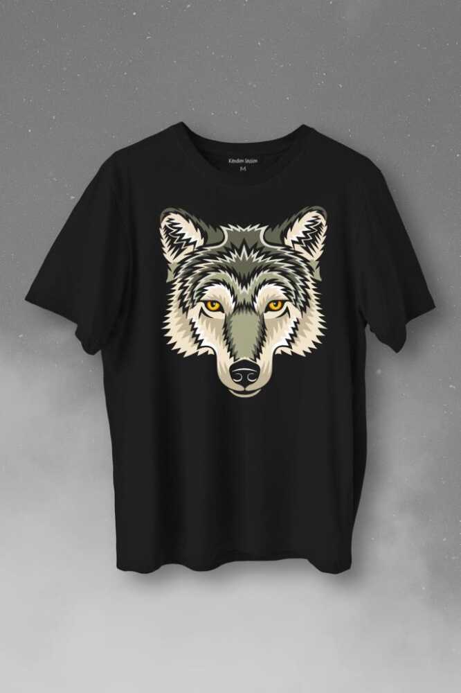 Wolf Head Kurt Silueti Kafa Bozkurt Baskılı Siyah Tişört Unisex