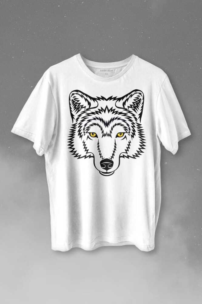 Wolf Head Kurt Silueti Kafa Bozkurt Baskılı Beyaz Tişört Unisex