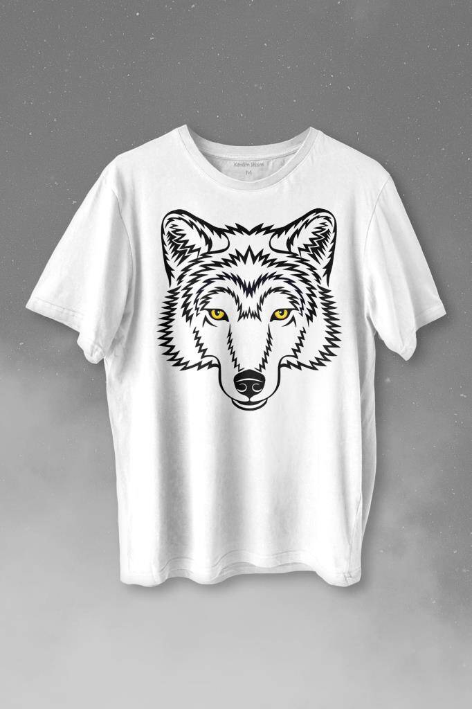 Wolf Head Kurt Silueti Kafa Bozkurt Baskılı Beyaz Tişört Unisex