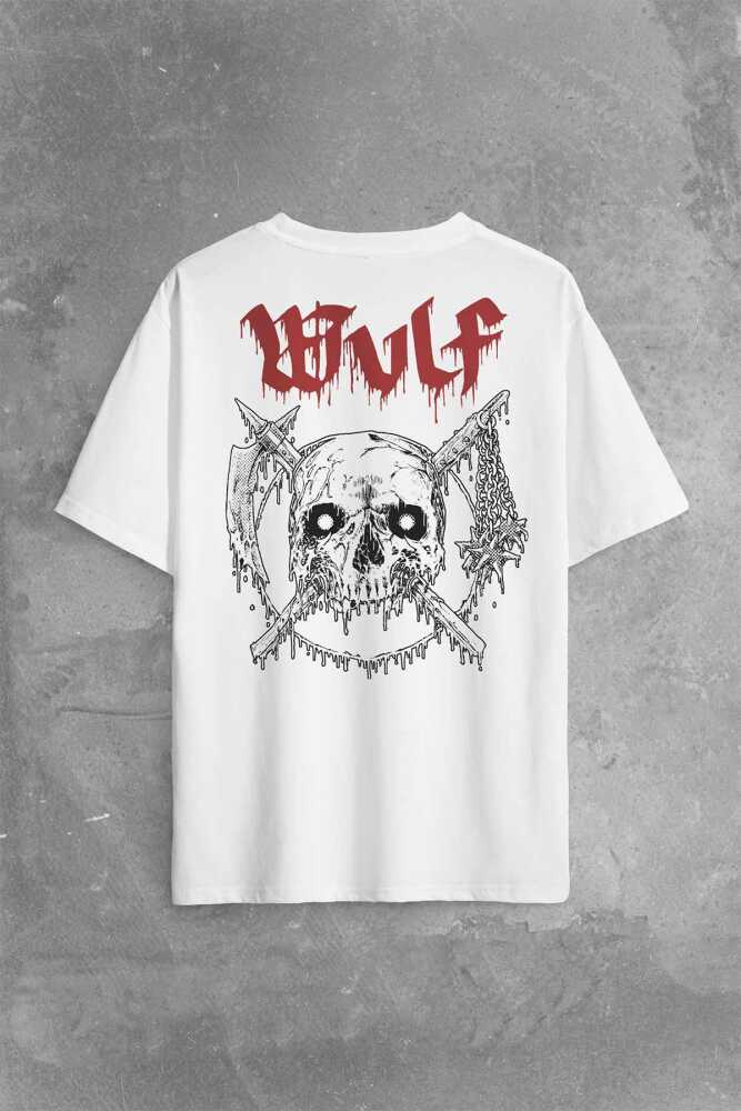 Wulf Metal Rock Band Skull Kuru Kafa Urban Gothic Sırt Ön Baskılı Beyaz Oversize Tişört Unisex