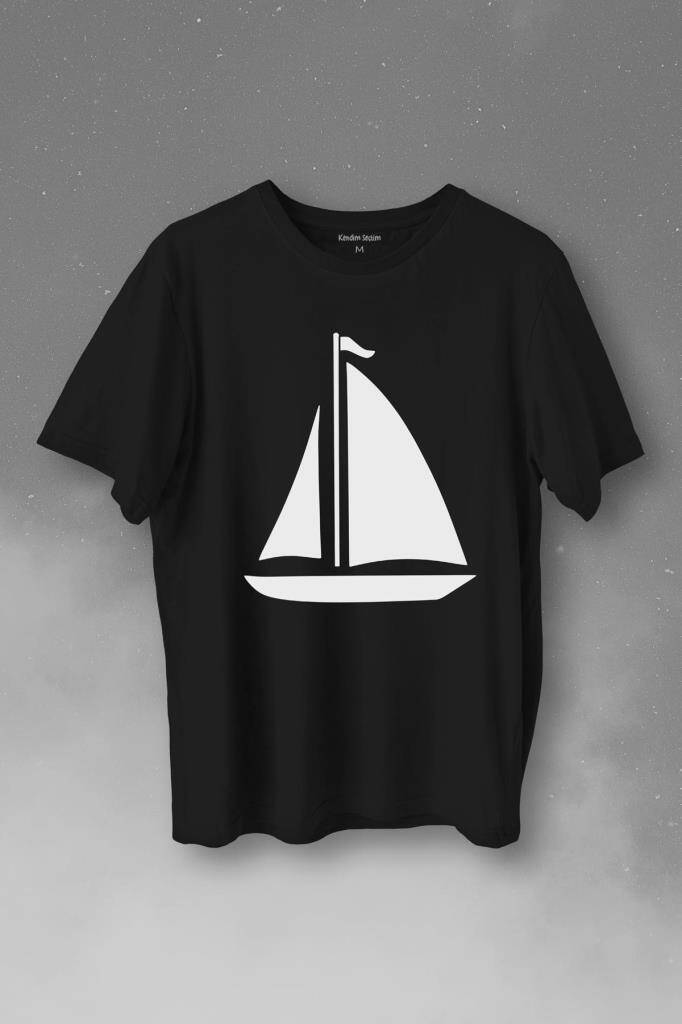 Yelkenli Gemi Silueti Baskılı Siyah Tişört Unisex