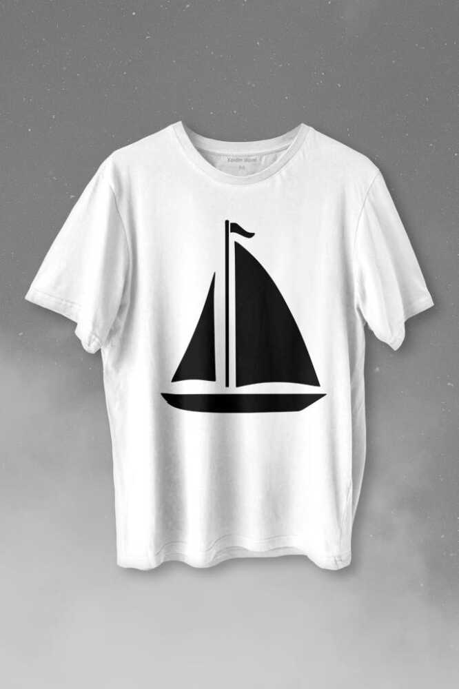 Yelkenli Gemi Silueti Baskılı Beyaz Tişört Unisex