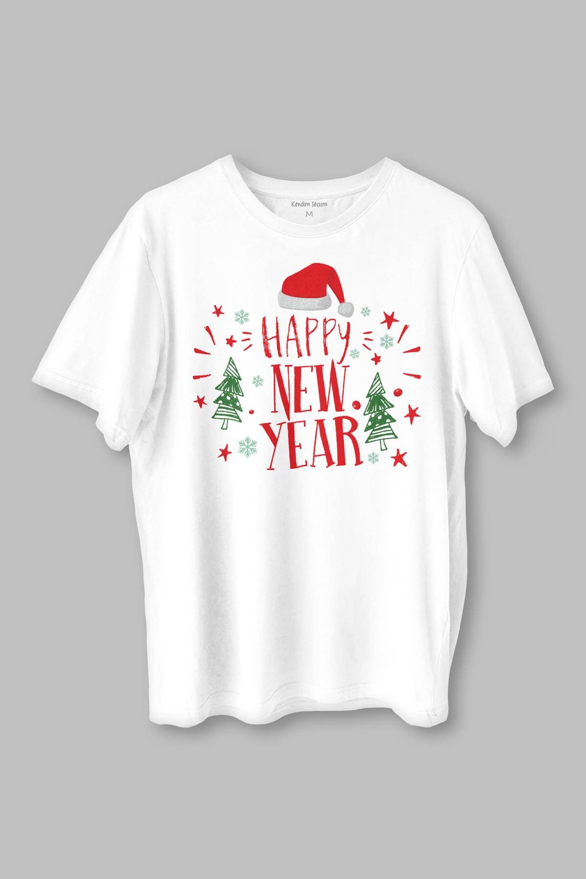 Yeni Yıl Happy New Year Hediye Noel Yılbaşı Baskılı Beyaz Tişört Unisex - 1
