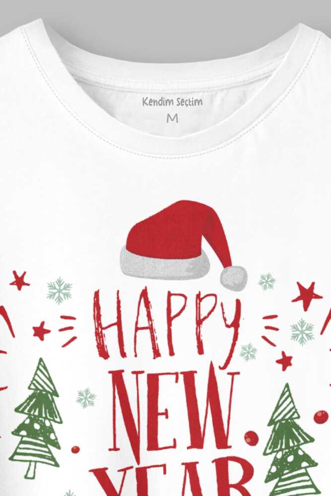 Yeni Yıl Happy New Year Hediye Noel Yılbaşı Baskılı Beyaz Tişört Unisex T-shirt (1)