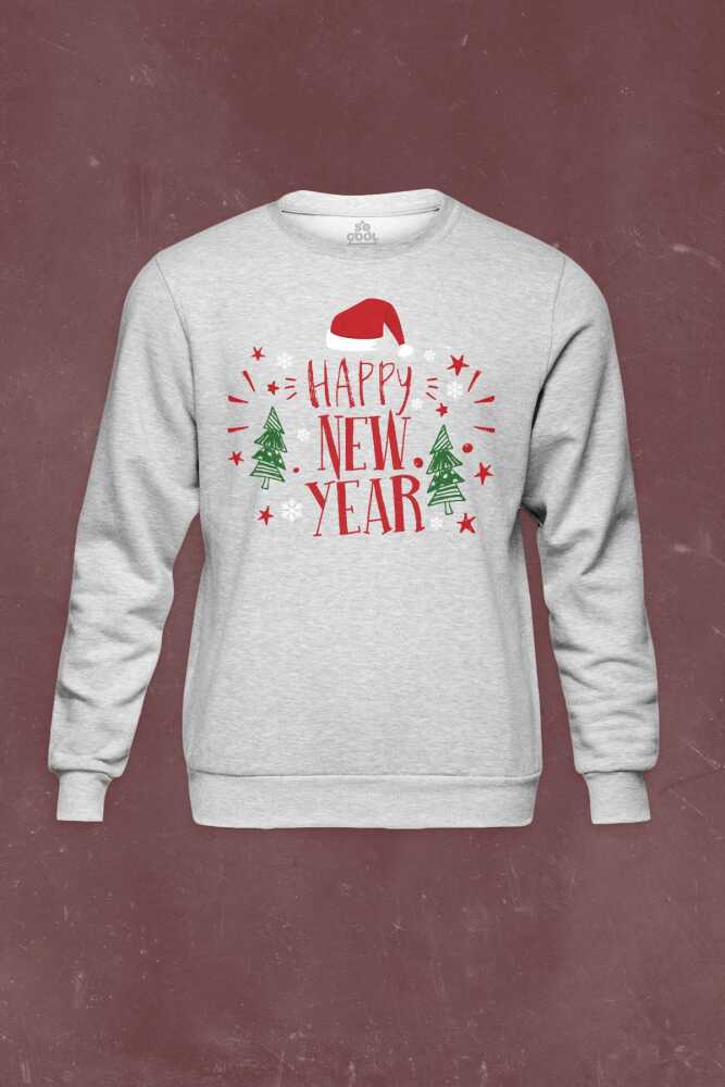 Yeni Yıl Happy New Year Hediye Noel Yılbaşı Baskılı Sweat Unisex Gri Sweatshirt
