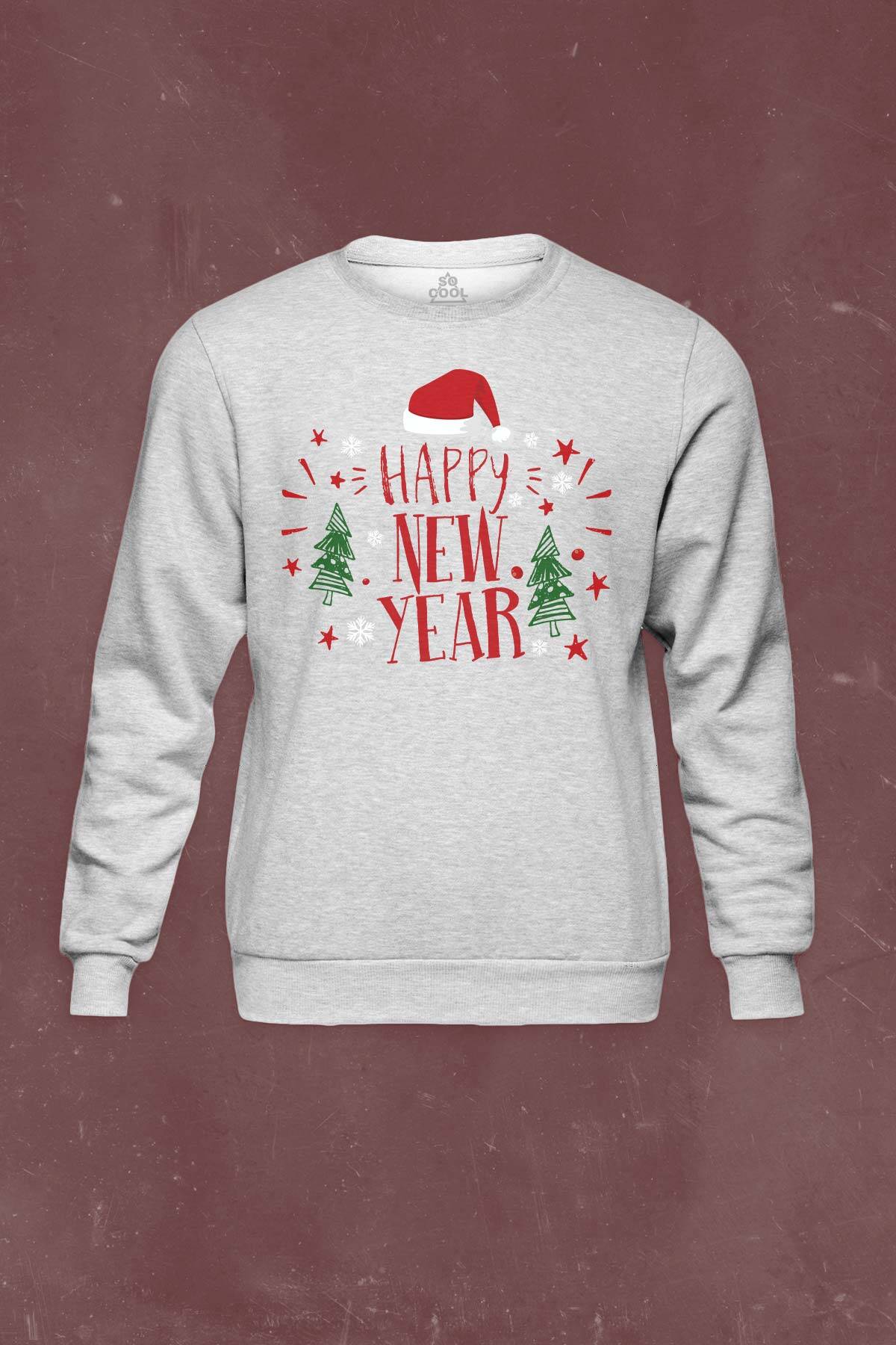 Yeni Yıl Happy New Year Hediye Noel Yılbaşı Baskılı Sweat Unisex Gri Sweatshirt - 1