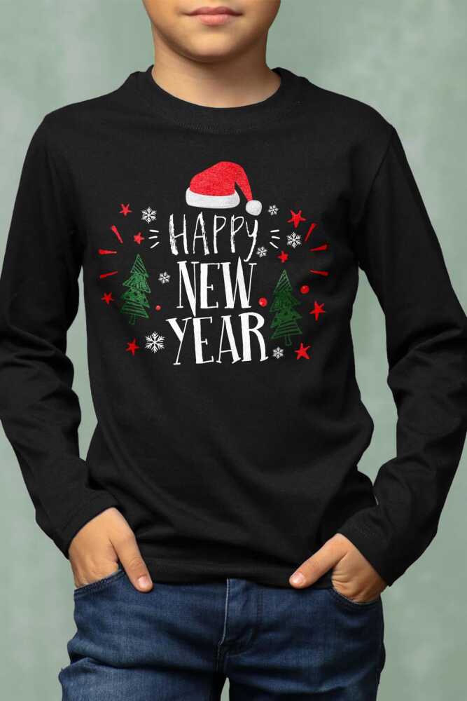 Yeni Yıl Happy New Year Yılbaşı Noel Kar Taneli Siyah Çocuk Uzun Kollu Tişört