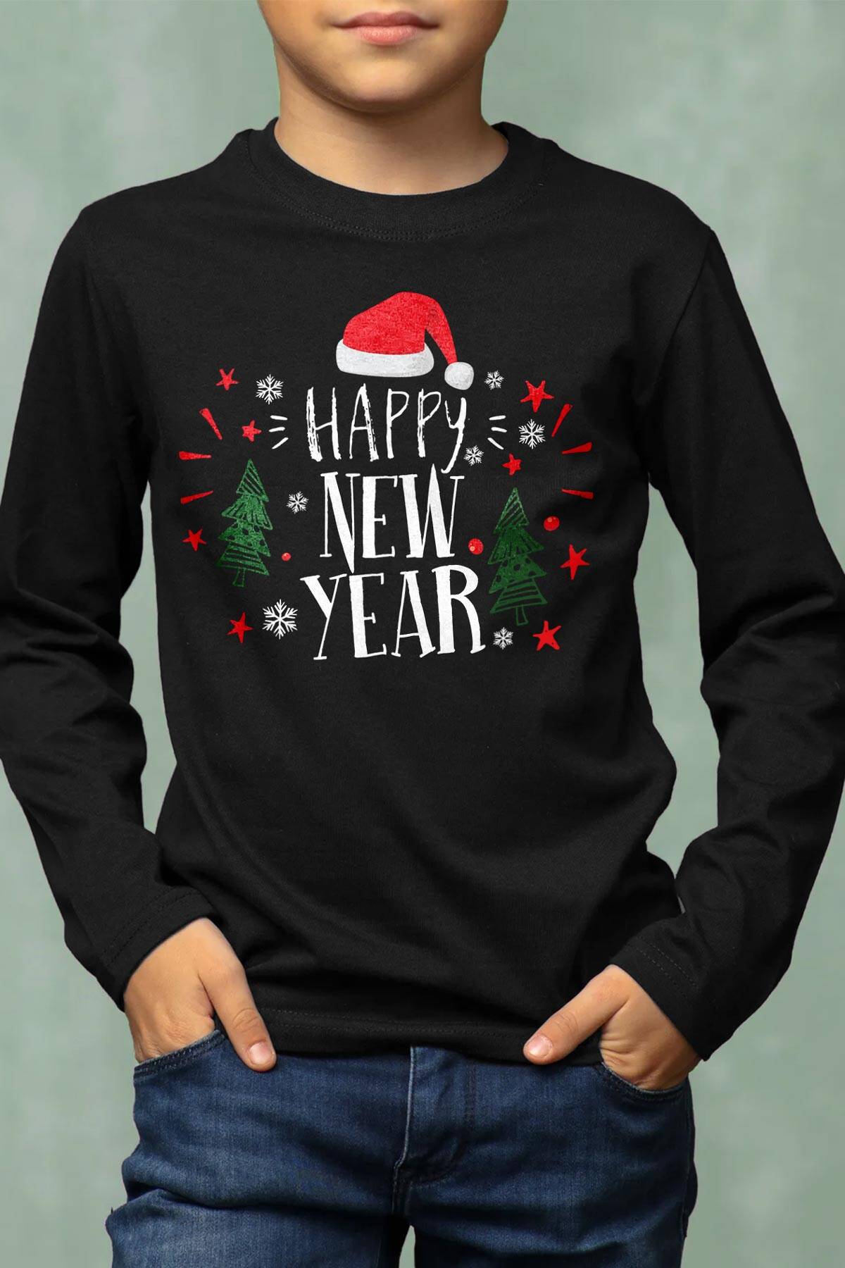 Yeni Yıl Happy New Year Yılbaşı Noel Kar Taneli Siyah Çocuk Uzun Kollu Tişört - 1