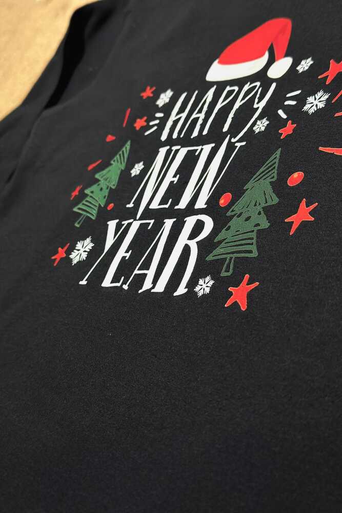 Yeni Yıl Happy New Year Yılbaşı Noel Kar Taneli Siyah Çocuk Uzun Kollu Tişört (1)
